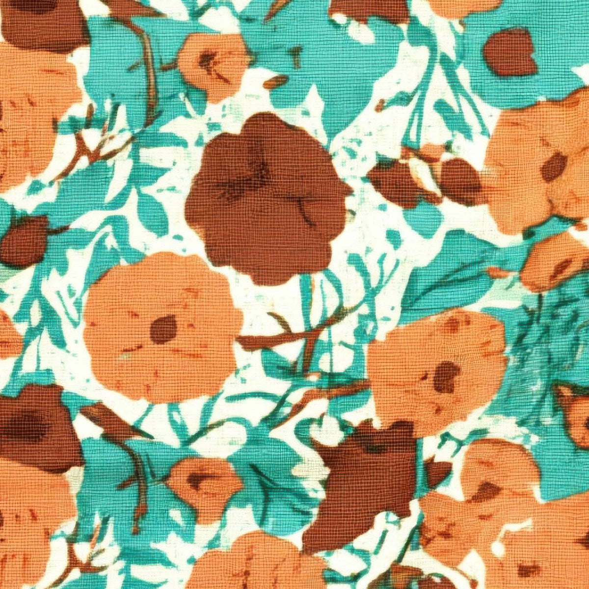 Teal and Rust Floral Patchwork – Vintage Illustration Wall Art