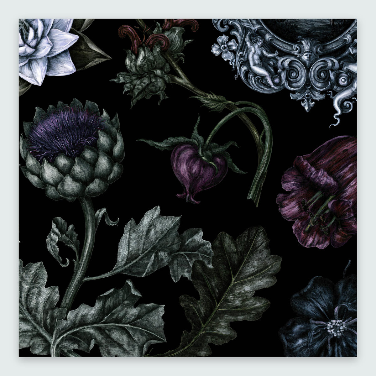 Dark Botanical Still Life flat lay