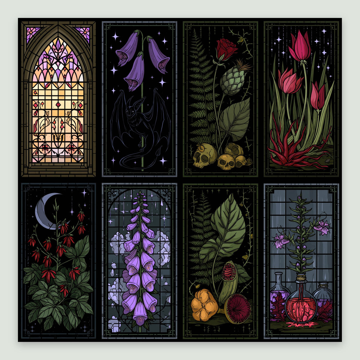 Eight-Panel Gothic Stained Glass Illustration flat lay