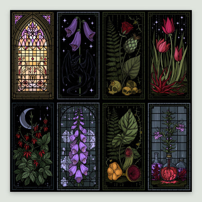 Eight-Panel Gothic Stained Glass Illustration flat lay