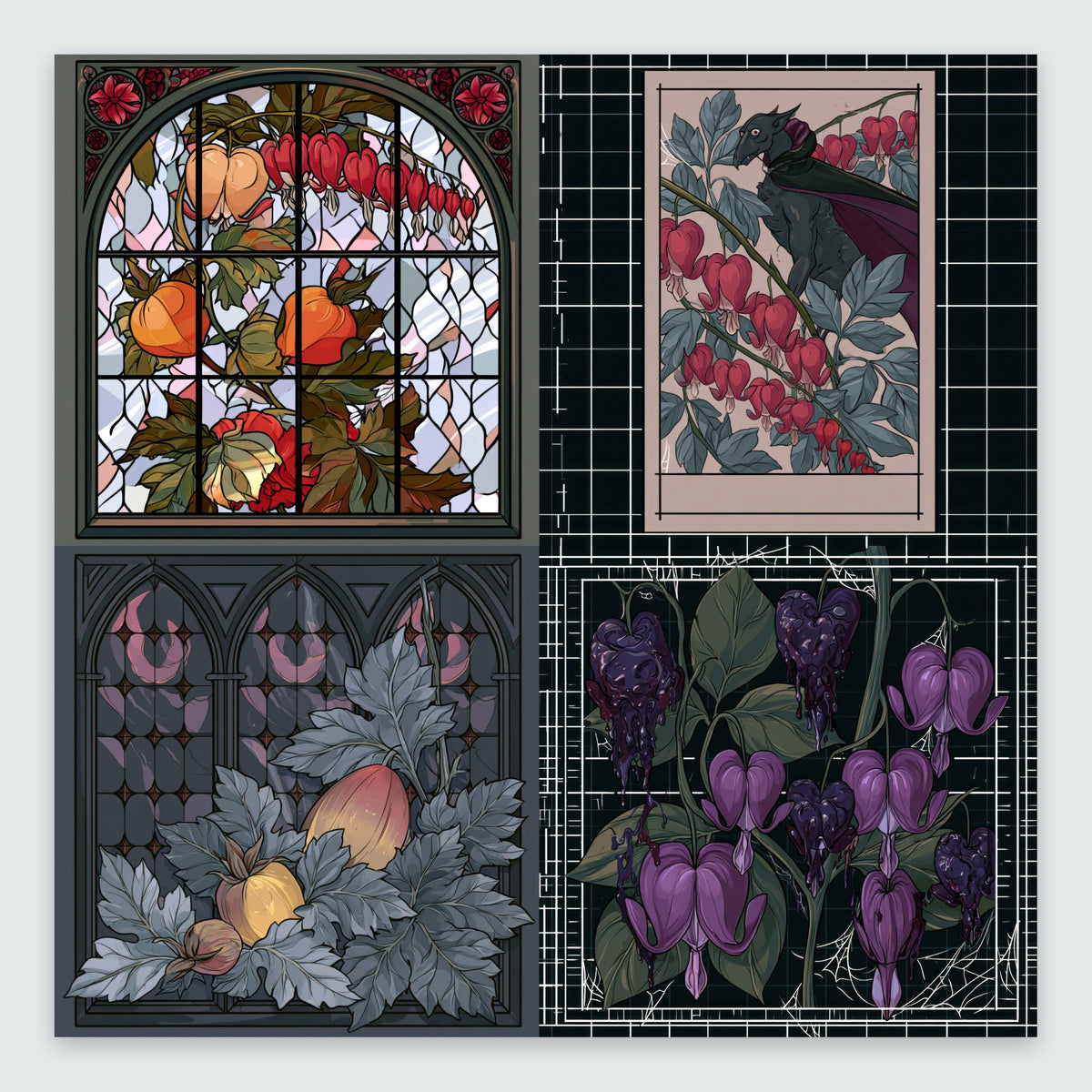 Four-Panel Bleeding Heart Illustration Set flat lay