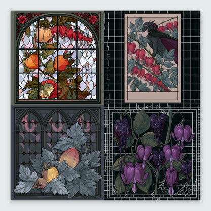 Four-Panel Bleeding Heart Illustration Set flat lay