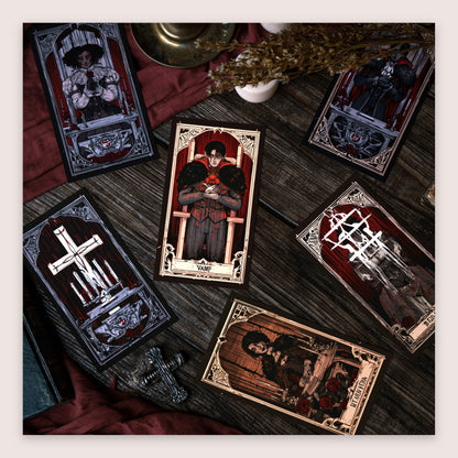 Gothic Tarot Cards on a Wood Table flat lay