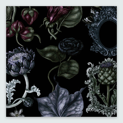 Dark Floral with an Oval Mirror Frame flat lay