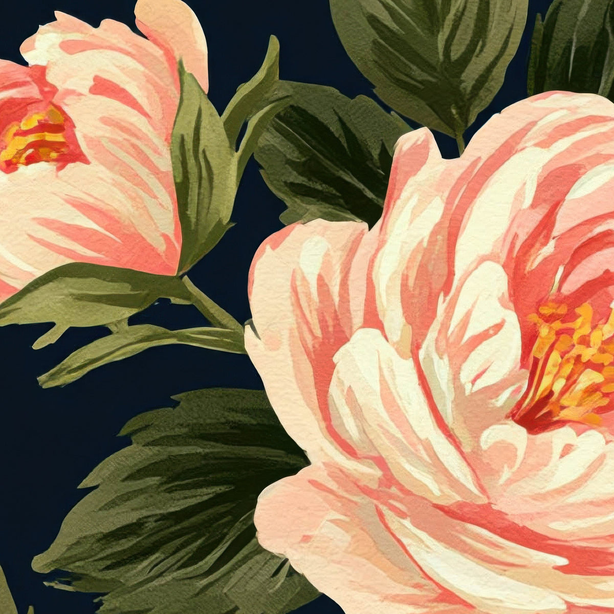 Peach Peony Pattern on Navy close-up detail