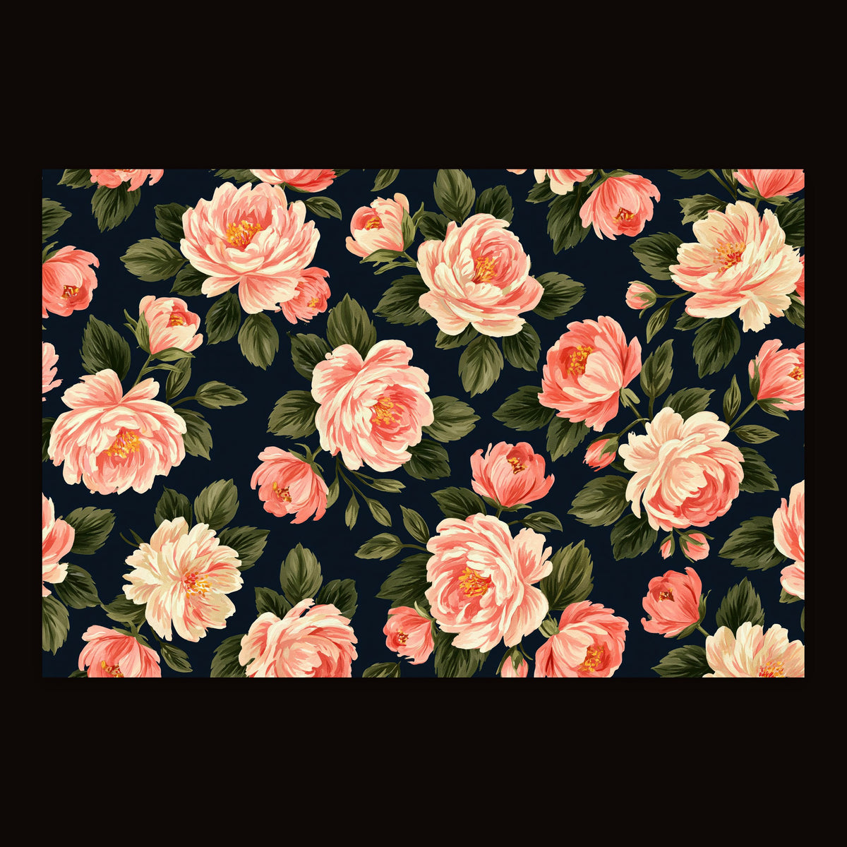 Peach Peony Pattern on Navy flat lay