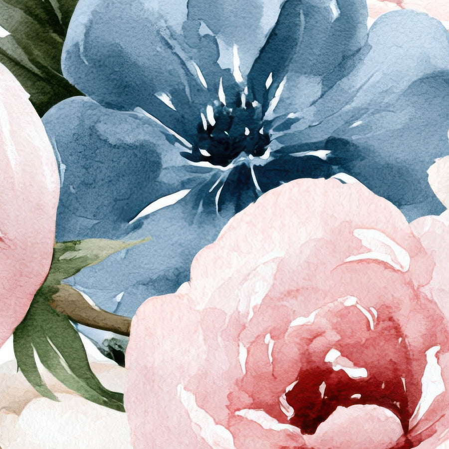 Blush and Dusty Blue Bouquet – Watercolor Floral Wall Art
