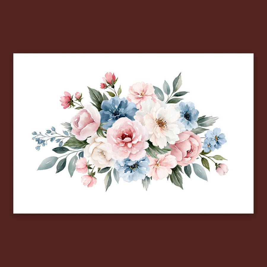 Blush and Dusty Blue Bouquet – Watercolor Floral Wall Art