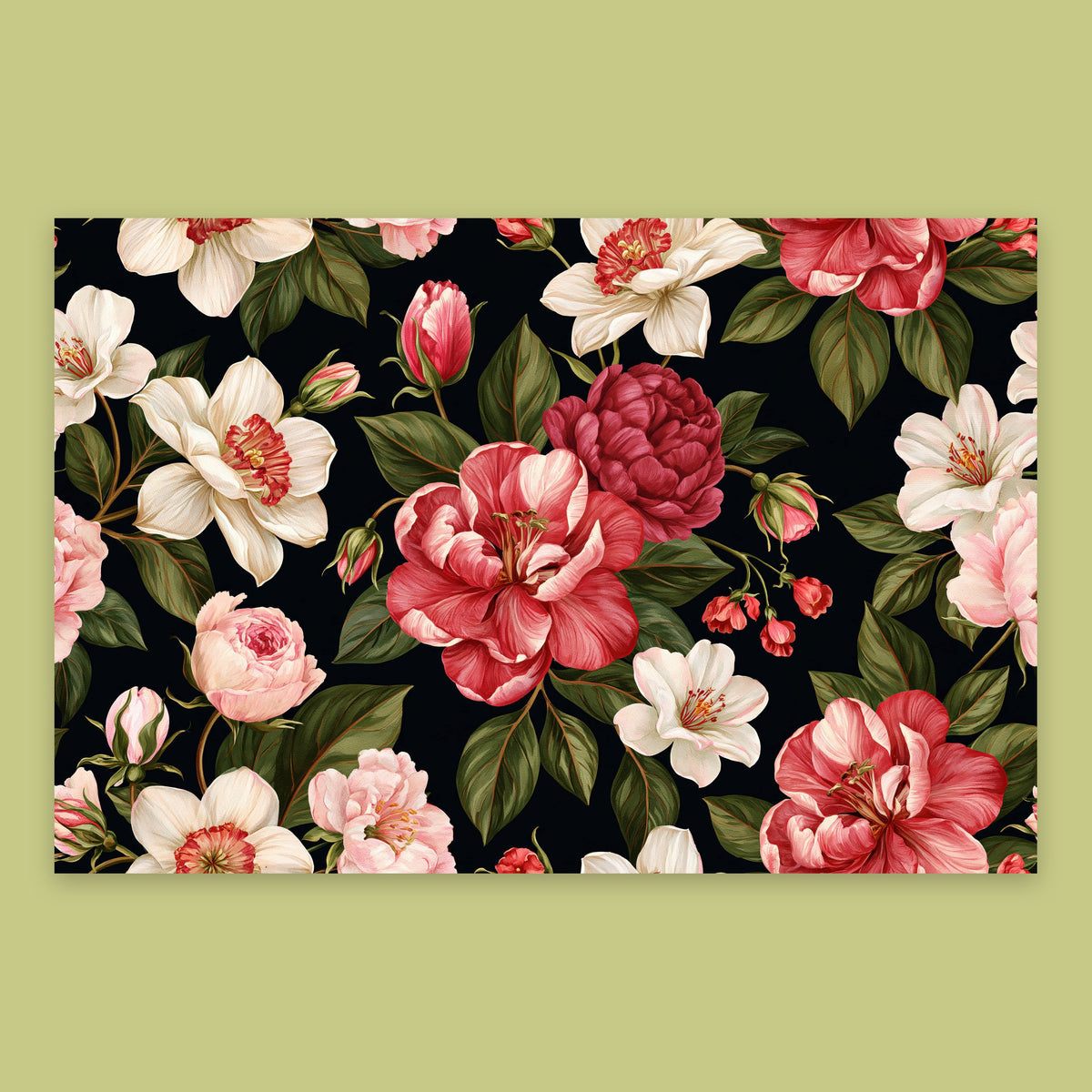 Pink Camellia Pattern on Black flat lay