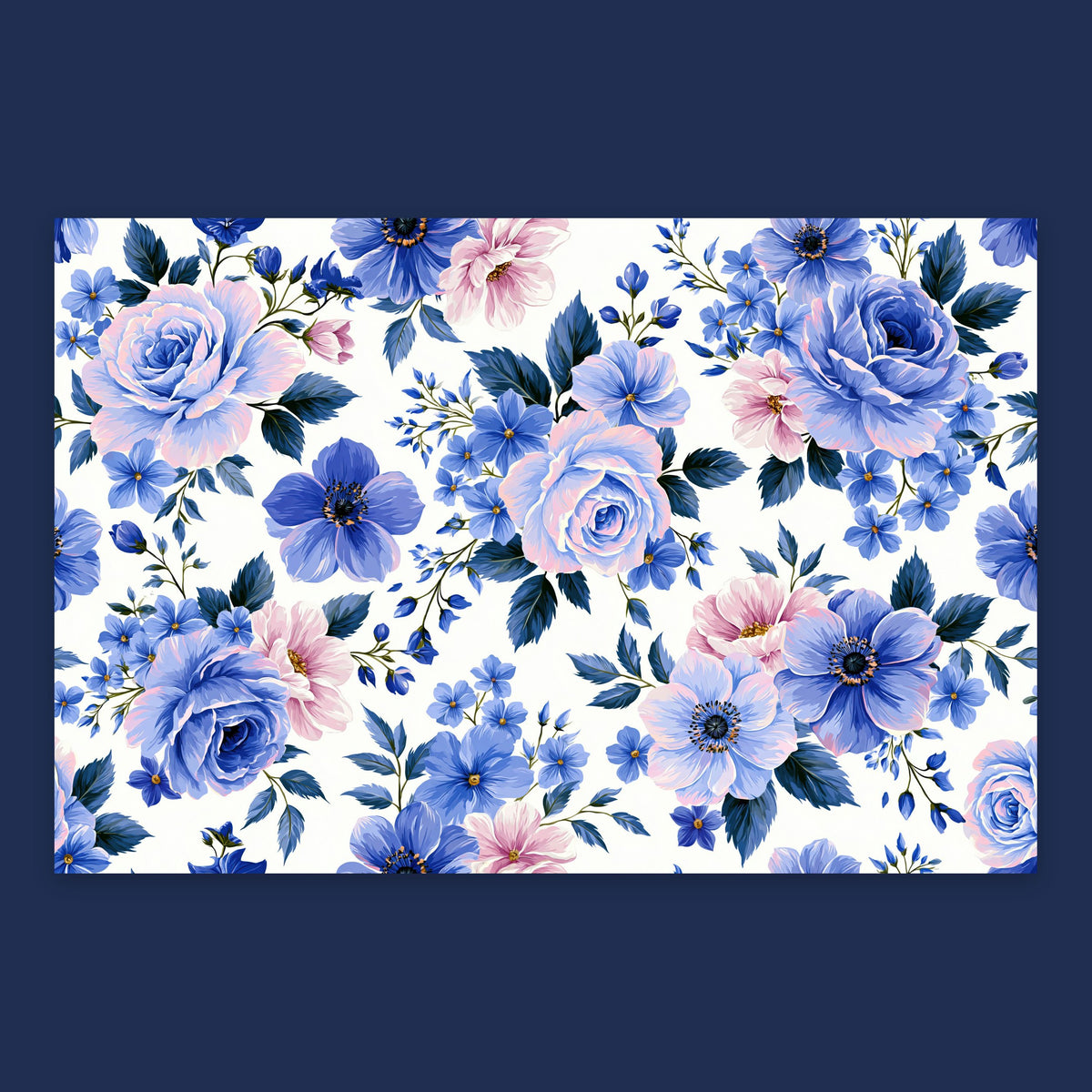 Blue and Pink Rose Pattern – Watercolor Floral Wall Art