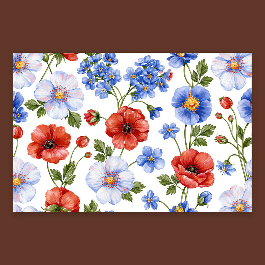 Red Poppy and Blue Wildflower Pattern – Watercolor Floral Wall Art