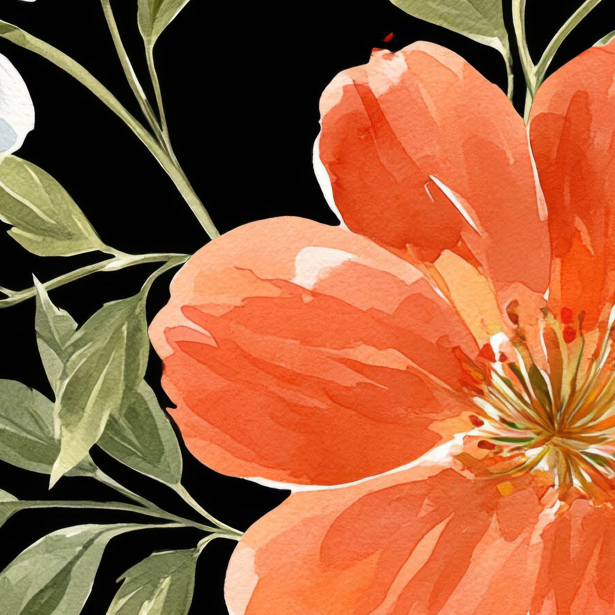 Orange Floral Pattern on Black close-up detail