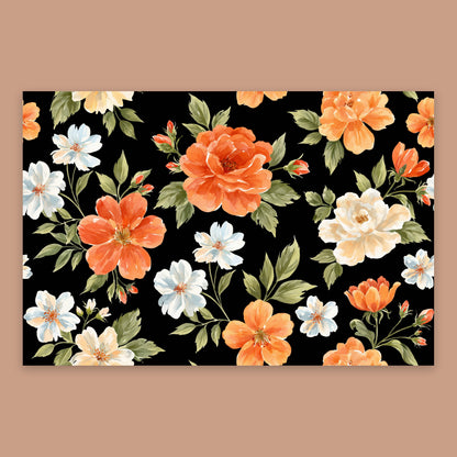 Orange Floral Pattern on Black flat lay