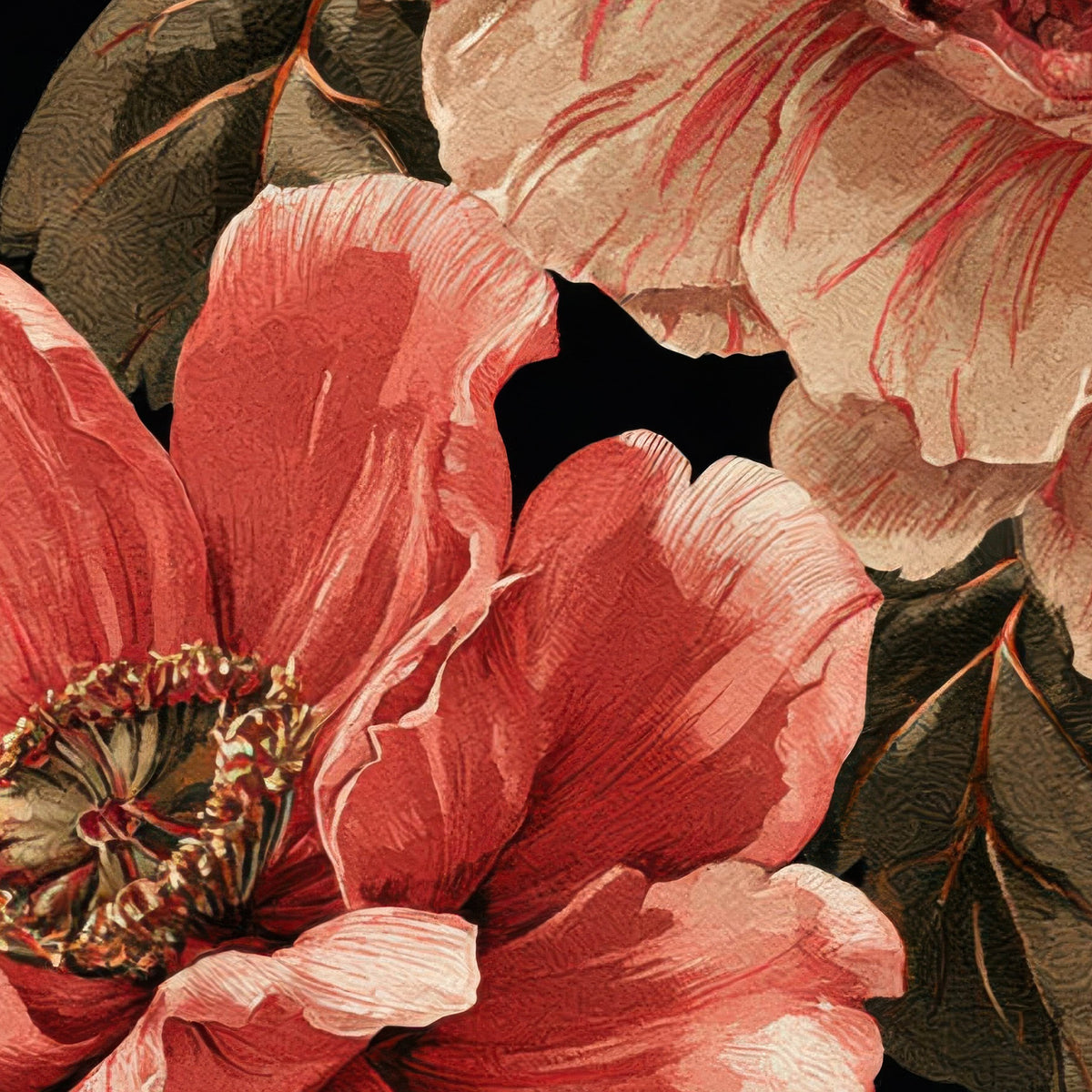 Dark Peony Pattern on Black – Watercolor Floral Wall Art