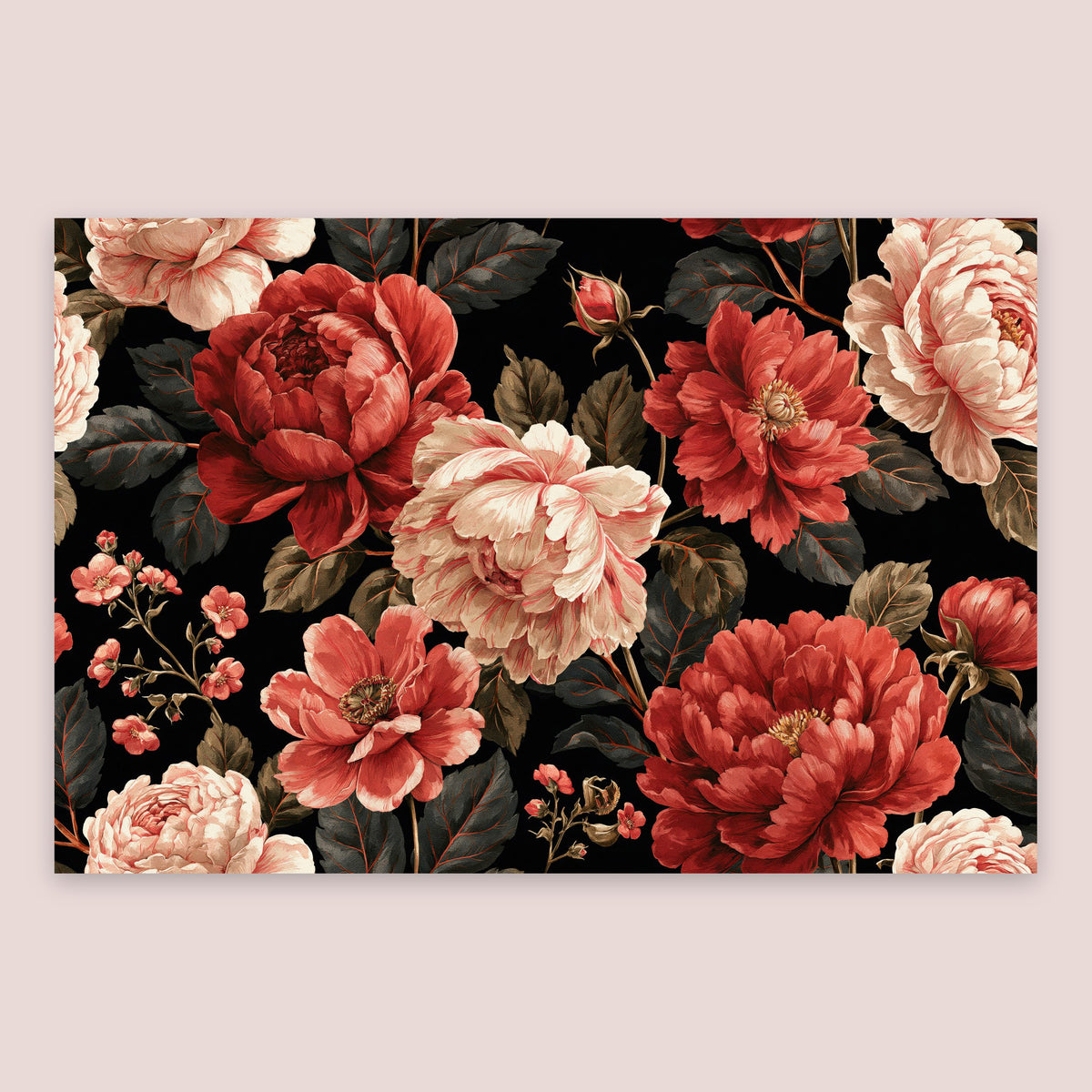 Dark Peony Pattern on Black flat lay
