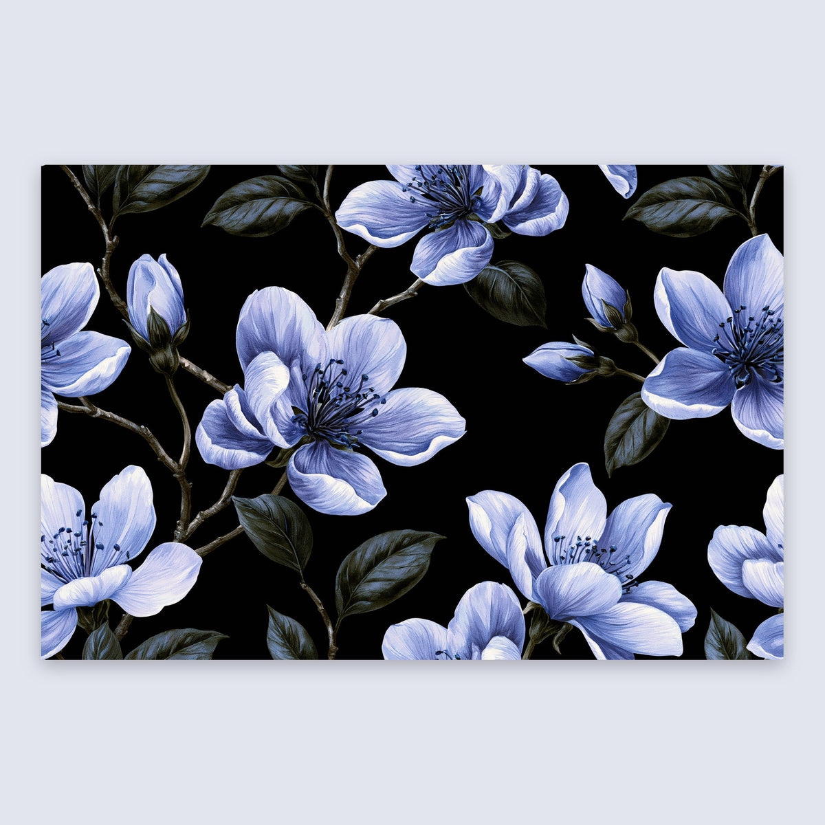 Periwinkle Blossom Pattern on Black – Watercolor Floral Wall Art