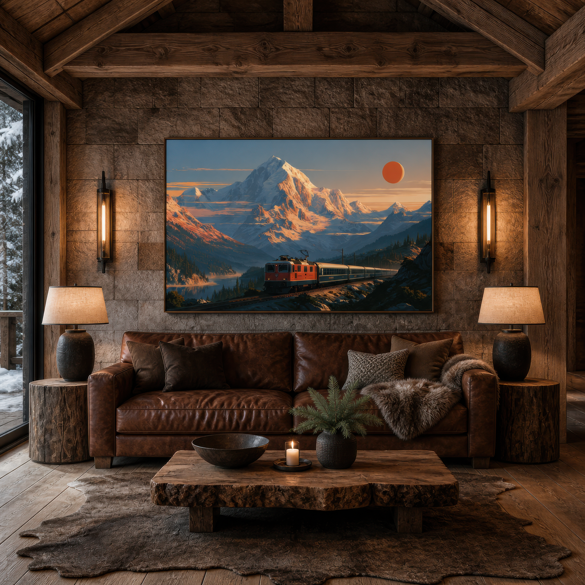 Alpine Train Mountain Illustration wall art print, alternate room view