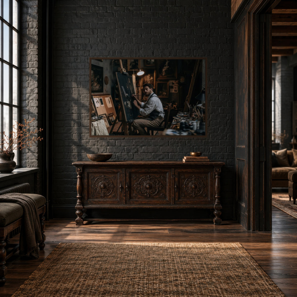 Artist in the Lamplit Studio dark academia wall art in an entryway