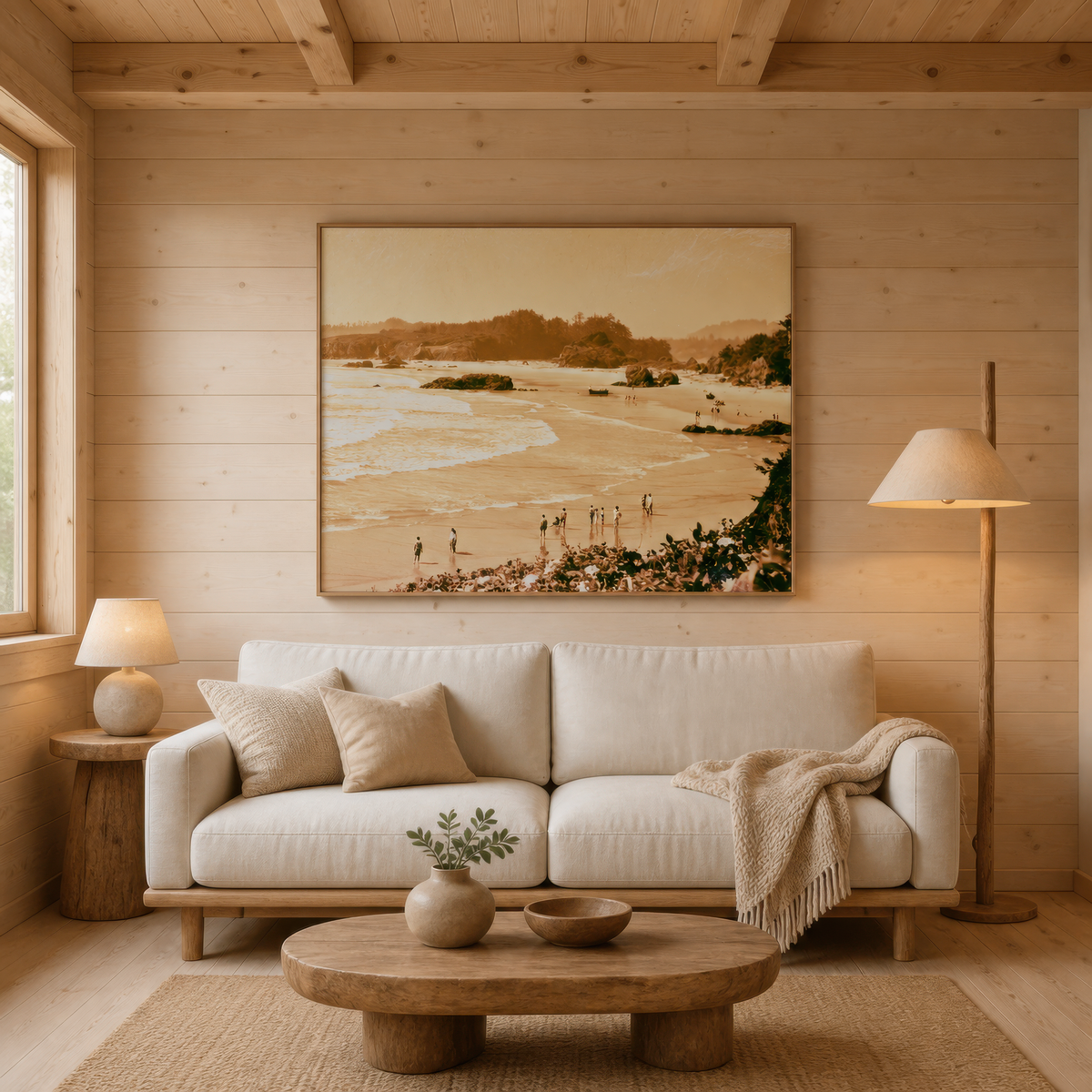 Coastal cove in sepia above a cream sofa on a pale pine plank wall with a floor lamp