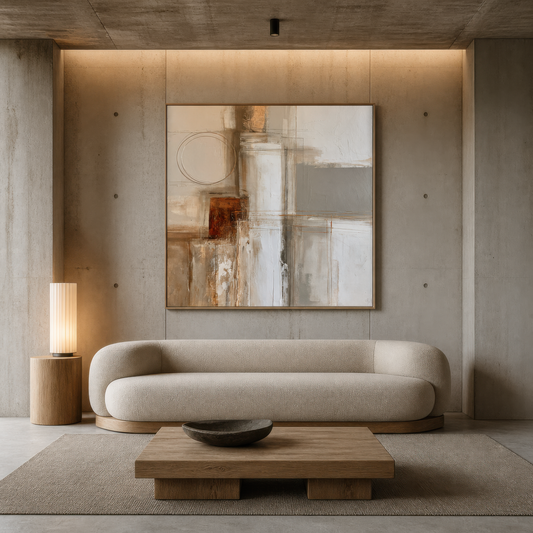 Square rust and cream abstract artwork above a curved cream sofa on a concrete wall