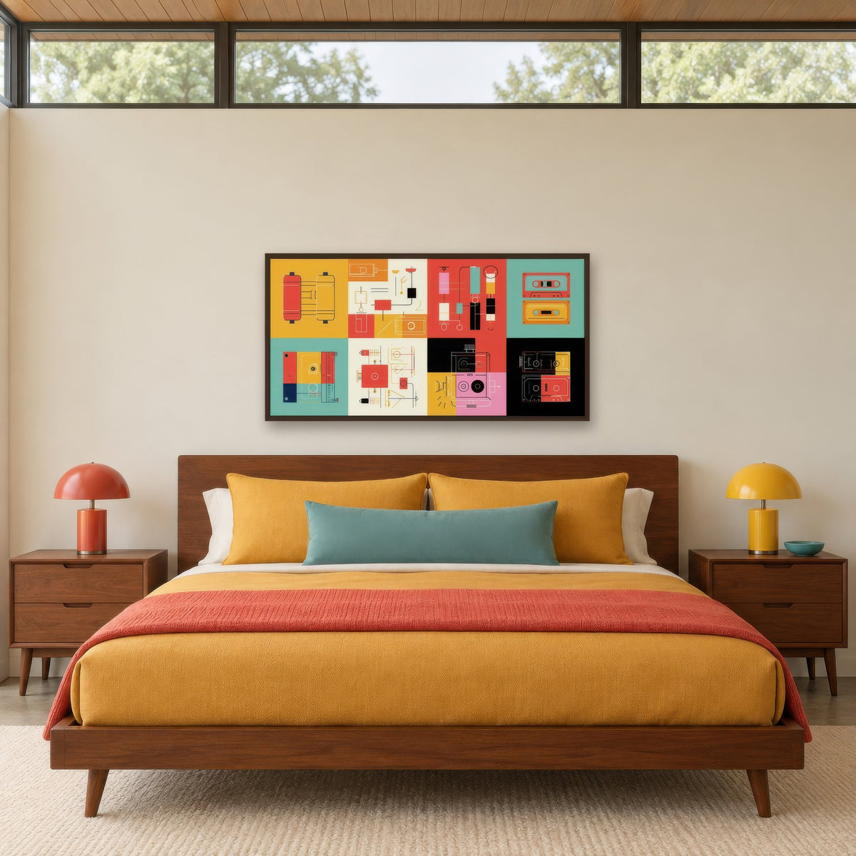 Retro Gadgets Grid Illustration mid-century modern wall art in a bedroom