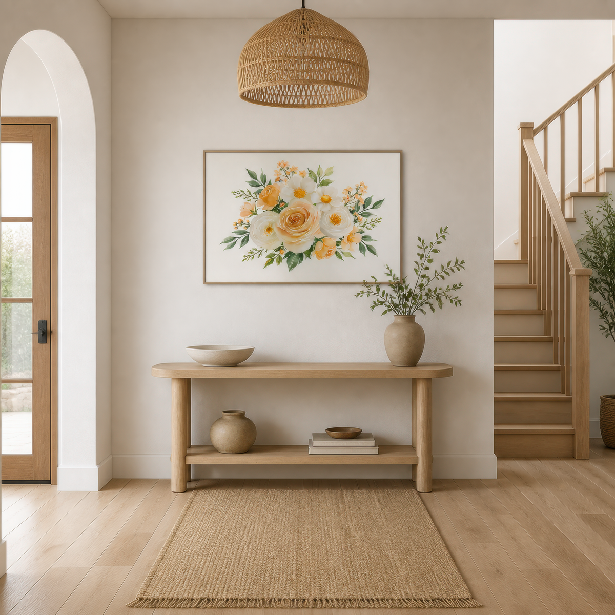 Peach Rose and Daisy Bouquet wall art print, alternate room view