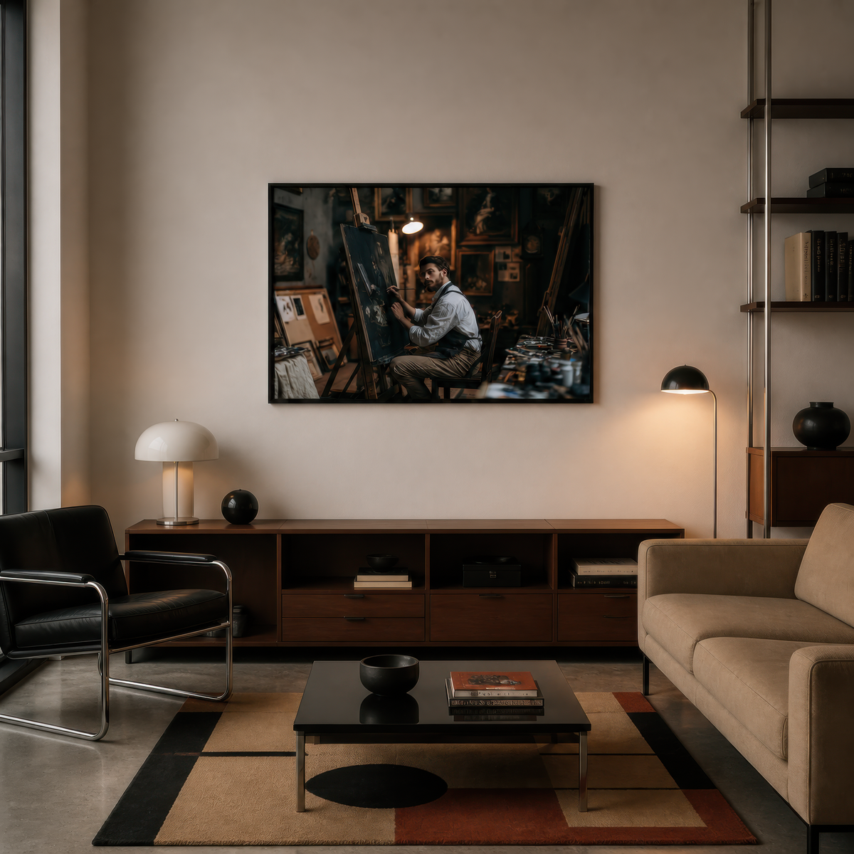Artist in the lamplit studio above a black media console with a task lamp and a black leather chair