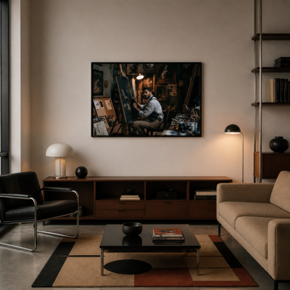 Artist in the lamplit studio above a black media console with a task lamp and a black leather chair