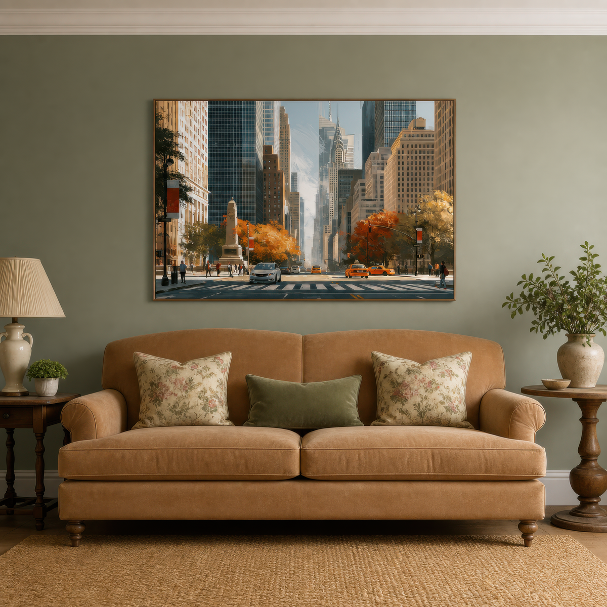 Manhattan street in autumn above a camel roll arm sofa with olive pillows and a table lamp