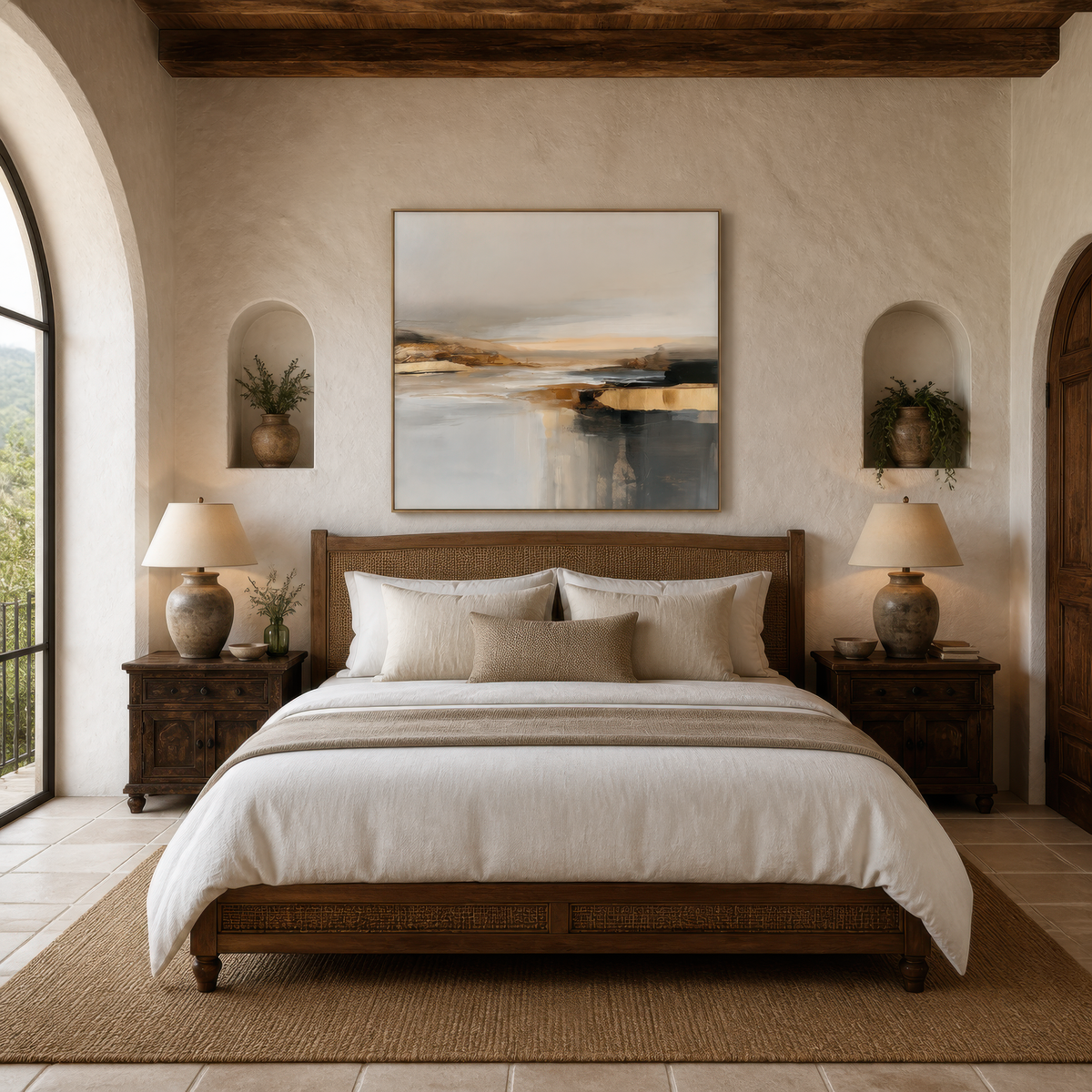 Large neutral horizon abstract artwork above a wooden bed in an arched bedroom with wall niches