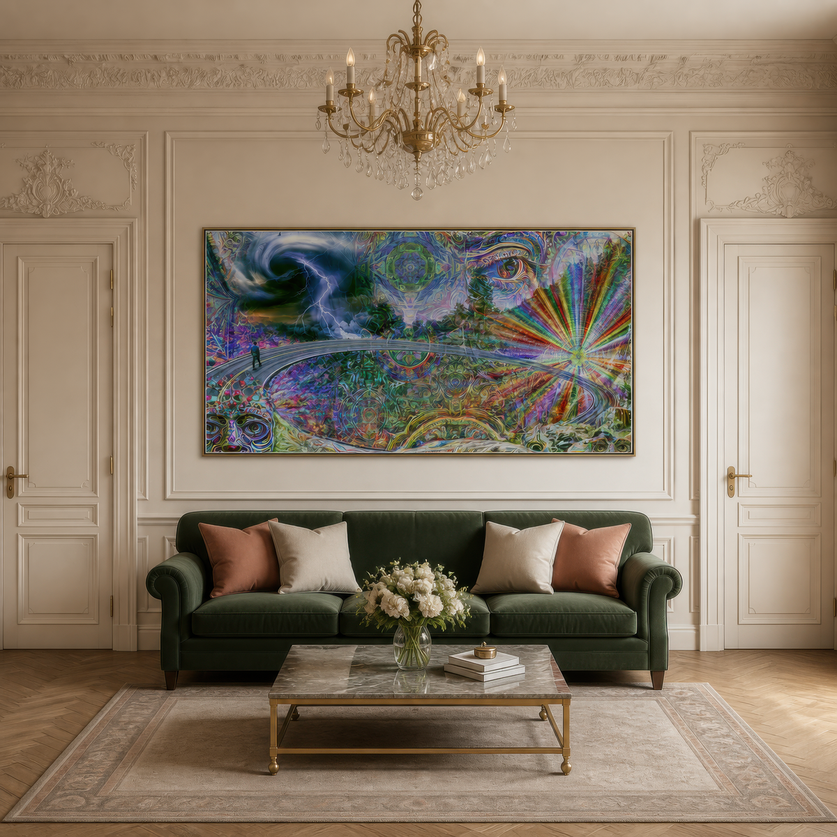 Mystic eye mandala above a dark green sofa with pink pillows and a brass glass table