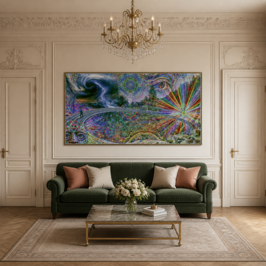 Mystic eye mandala above a dark green sofa with pink pillows and a brass glass table