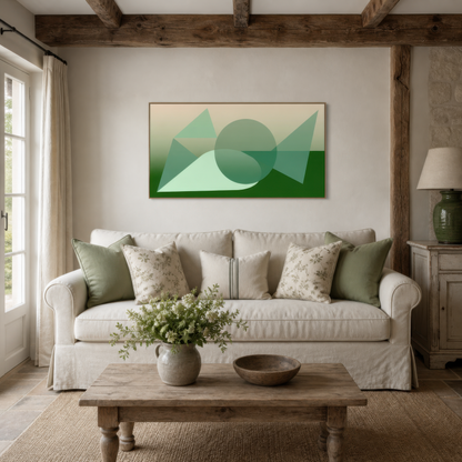 Wide green geometric abstract artwork above a white slipcovered sofa in a living room