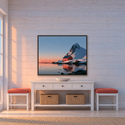 Fjord Cabin at Sunrise scandinavian wall art in an entryway