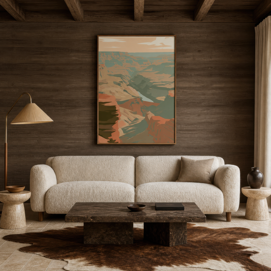 Layered canyon ridges above a cream sofa on a dark timber wall with a low stone table