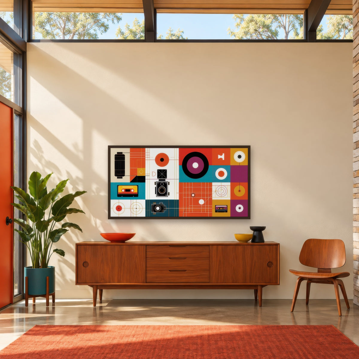 Vintage Gadgets and Circles Illustration mid-century modern wall art in an entryway