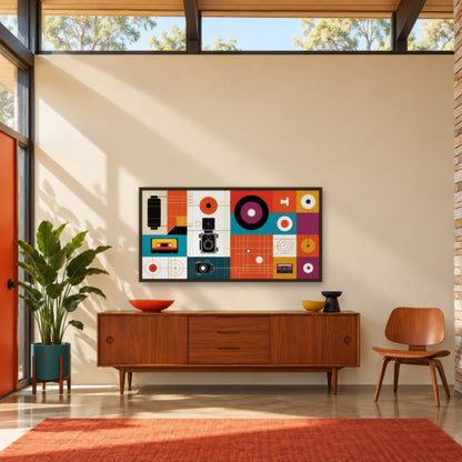 Vintage Gadgets and Circles Illustration mid-century modern wall art in an entryway