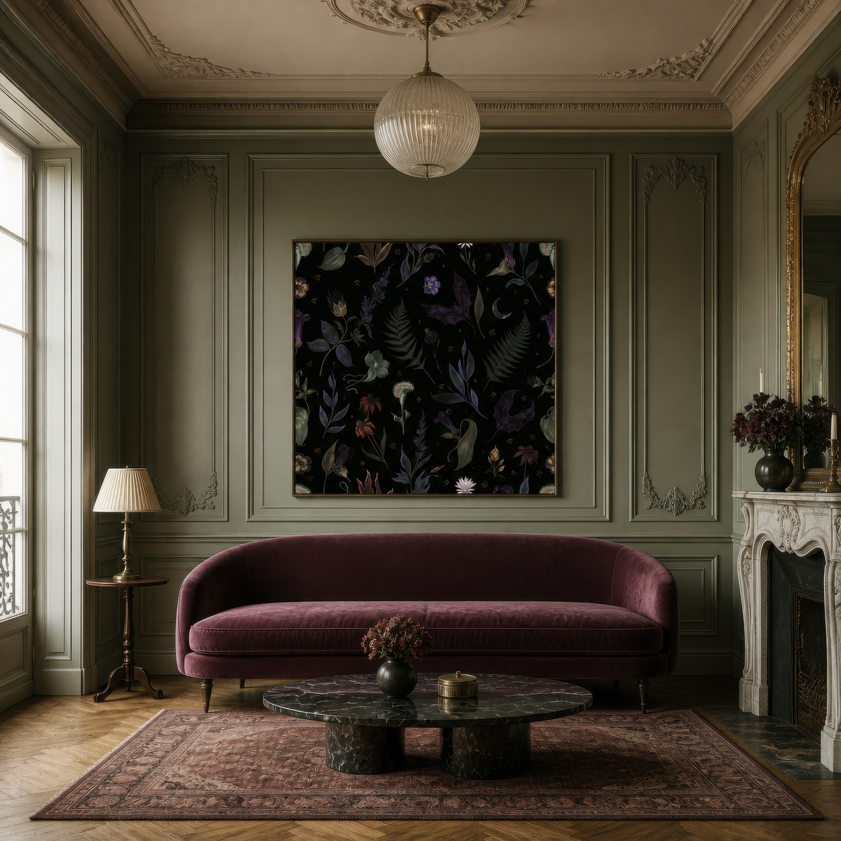 Moonlit Fern and Wildflower Illustration wall art print, alternate room view