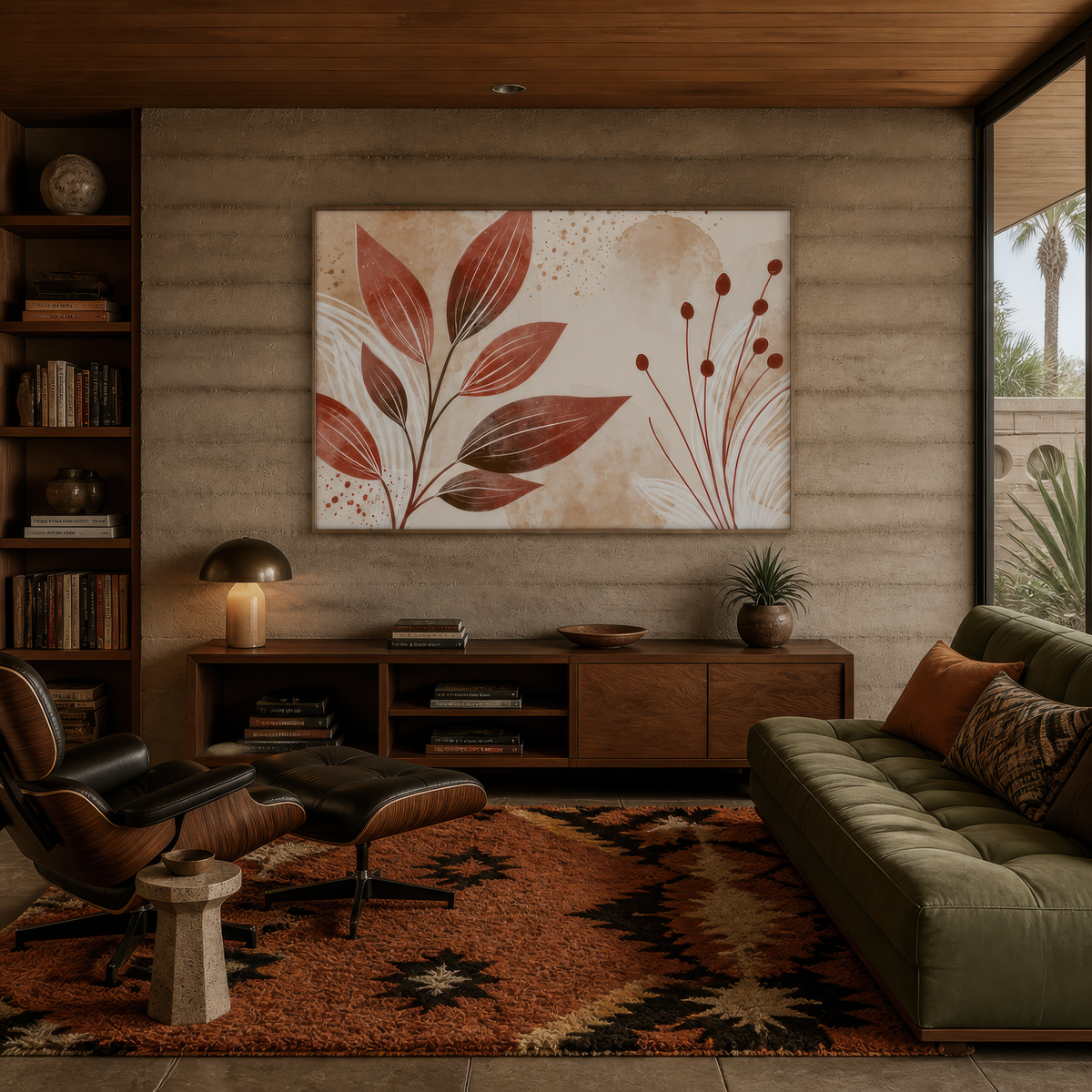 Terracotta leaves and berries artwork above an olive sofa in a wood-panelled den with bookshelves