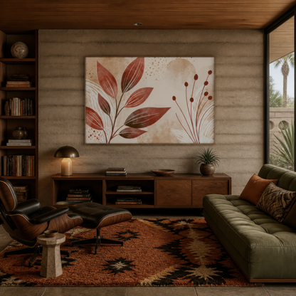 Terracotta leaves and berries artwork above an olive sofa in a wood-panelled den with bookshelves