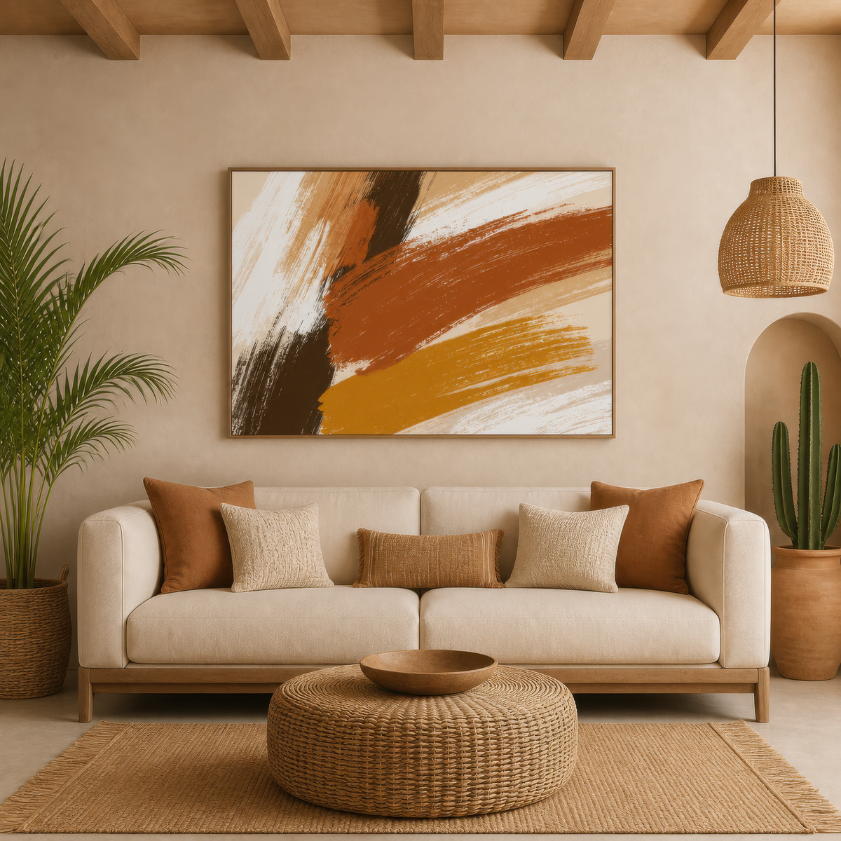 Rust and gold brush stroke artwork above a cream sofa in a plaster room with a woven pendant