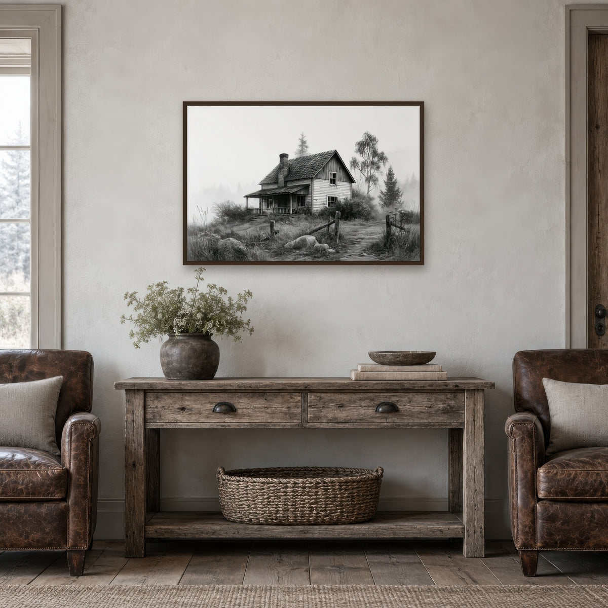 Foggy Farmhouse Cabin farmhouse wall art in an entryway