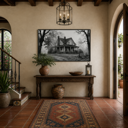 Foggy farmhouse road above a wood console in an entryway with a kilim runner and lantern