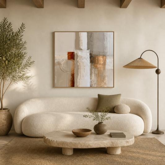 Square cream and copper abstract artwork above a curved white sofa with an arc floor lamp