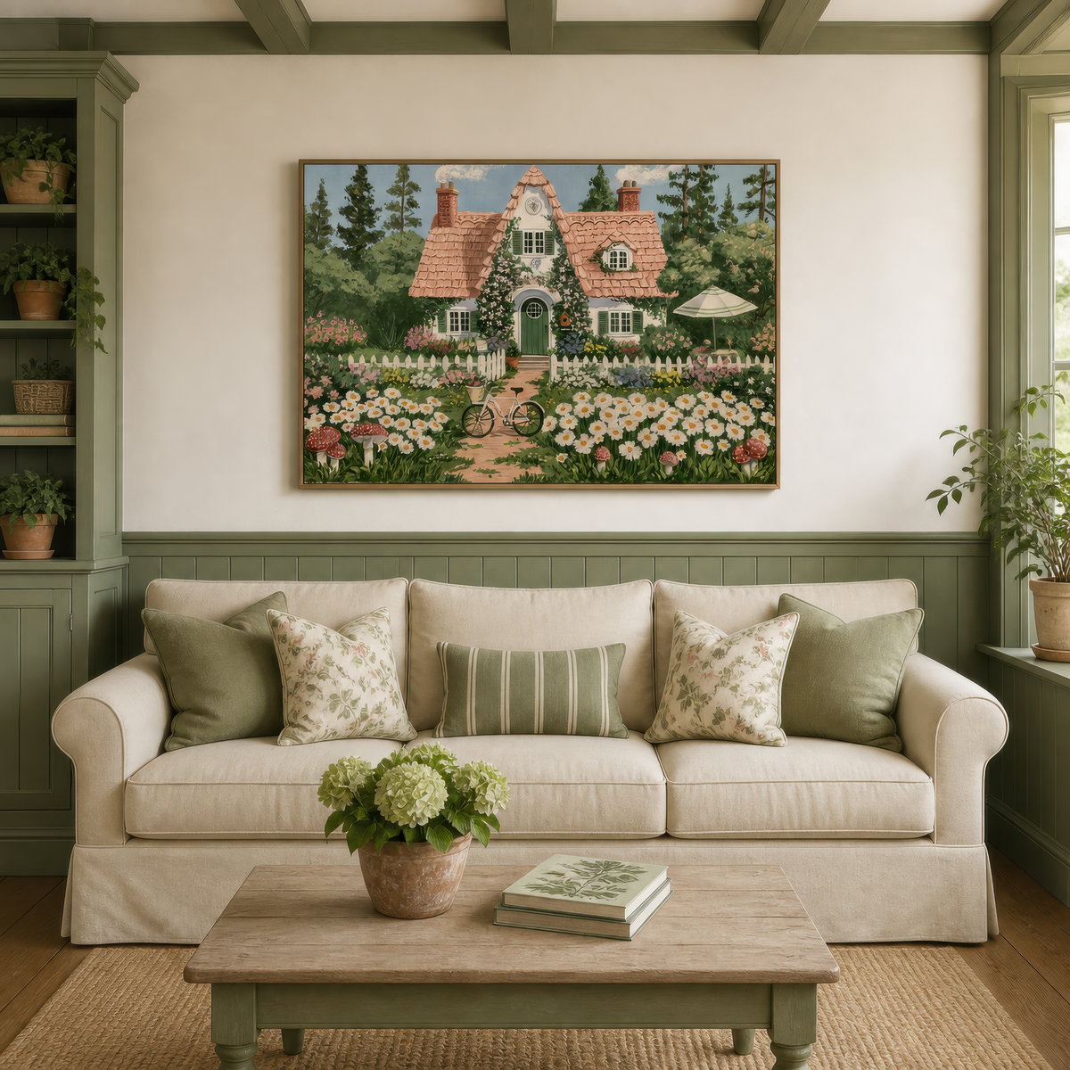Storybook garden cottage above a cream sofa with floral pillows on a sage panelled wall