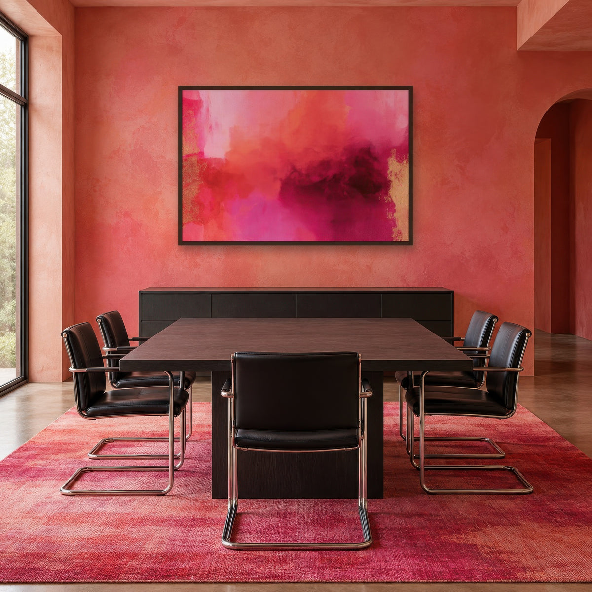 Magenta and Burgundy Cloud Abstract wall art in a dining room