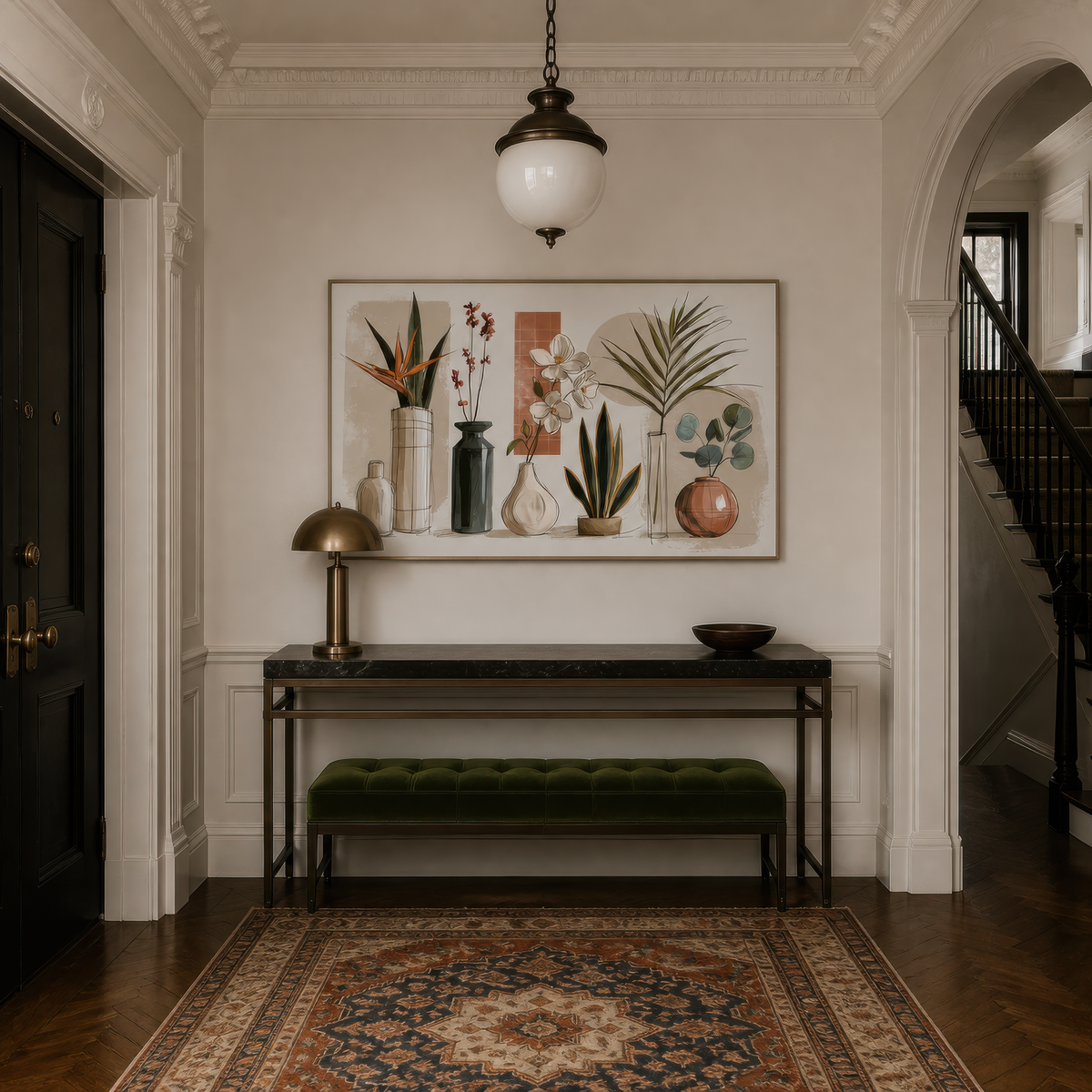 Botanical vase collection above a dark console in an entryway with a Persian runner