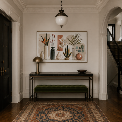 Botanical vase collection above a dark console in an entryway with a Persian runner