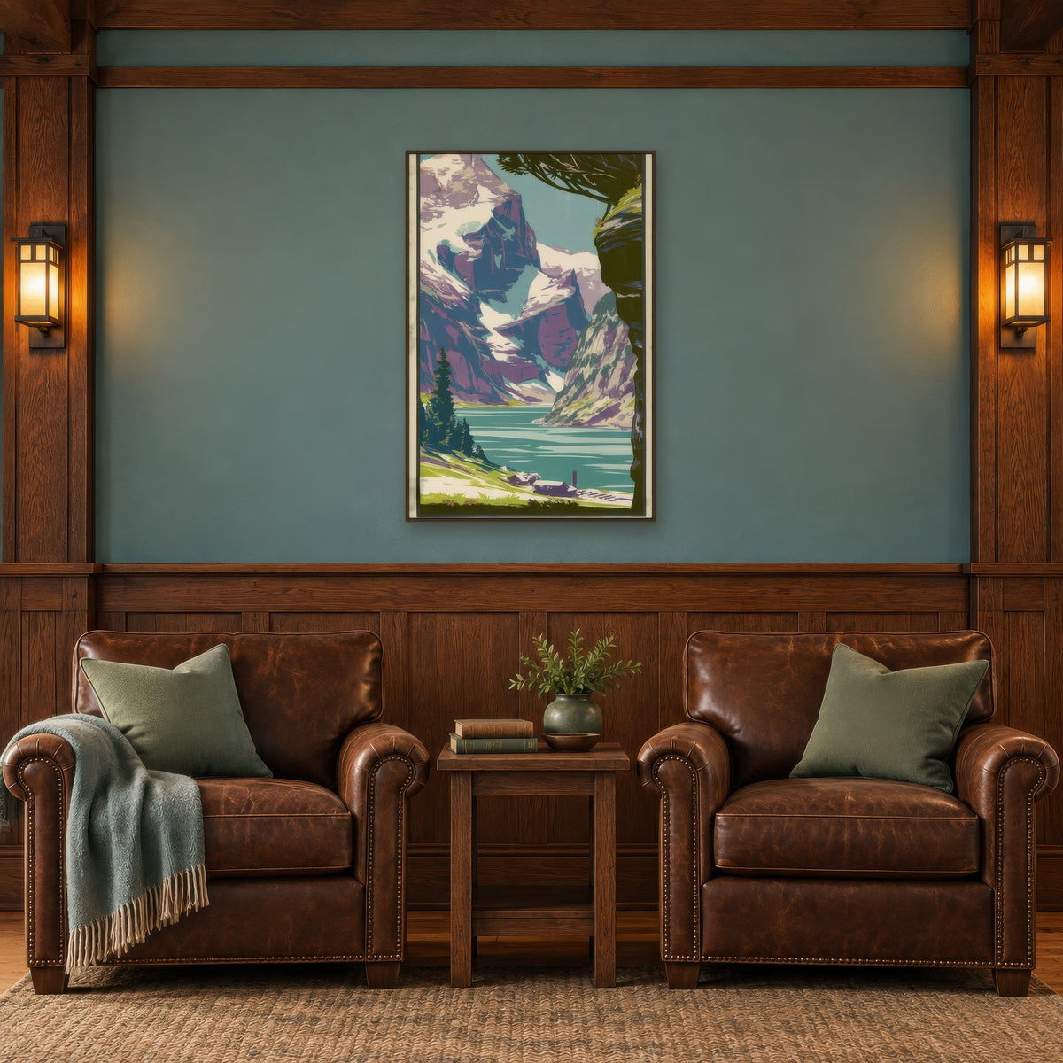 Alpine Lake Retro Poster landscape wall art in a den