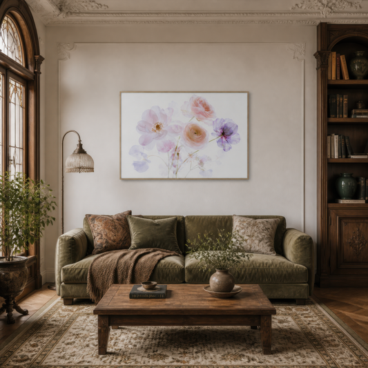Pink and Lavender Bouquet wall art print, alternate room view